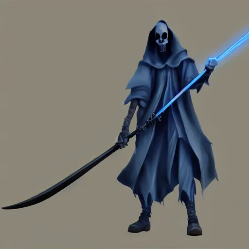 Prompt: grim reaper with a blue glowing scythe, digital art, digital painting, 4 k, hd, artstation, devian art, highly detailed