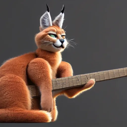 Image similar to cute fluffy caracal playing guitar, fully detailed, high quality , 4k , octane render , soft light , masterpiece