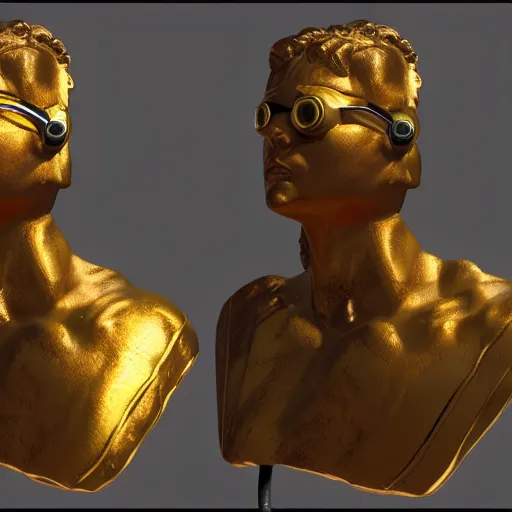 Prompt: a hyper real comic book style portait painting of a stone statue with a golden vr headset on it, unreal 5, hyperrealistic, octane render, cosplay, rpg portrait, dynamic lighting