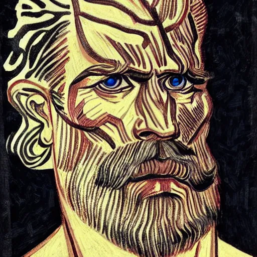 Image similar to portrait of zeus, mash - up between mc escher and vincent van gogh, marvel comics style