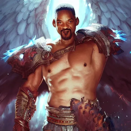 Prompt: will smith fights against demons dressed as a gladiator and with angel wings, cinematic lighting, highly detailed, concept art, art by wlop and artgerm and greg rutkowski, masterpiece, trending on artstation, 8 k