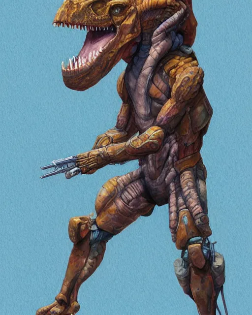 Prompt: a watercolor painting full body character portrait of a humanoid dinosaur soldier in the style of moebius in the style of leonard boyarsky trending on artstation deviantart pinterest detailed photorealistic highlights and shadow hd 8 k post - processing high resolution
