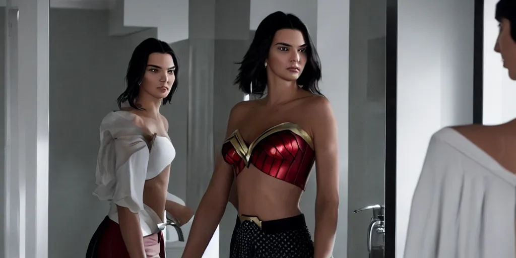 Image similar to ultra wide angle photo of kendall jenner dressed in a white blouse and black dress pants as diana prince looking at herself in a bathroom mirror and seeing her reflection as wonder woman