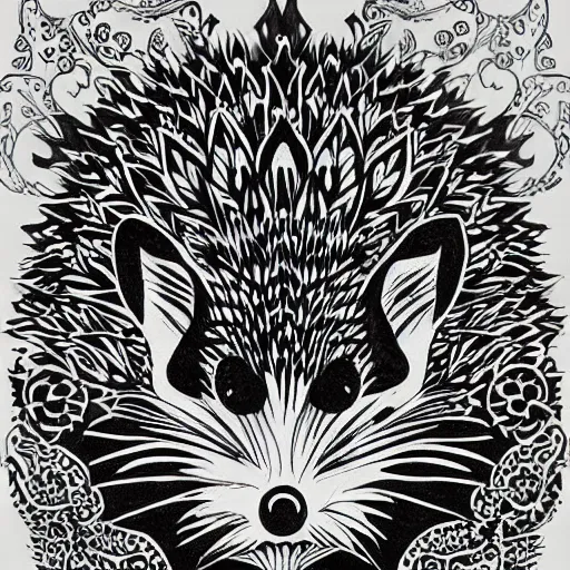 Prompt: hedgehog, very beautiful ink illustration, masterpiece, intricate detail, ornate , elaborate