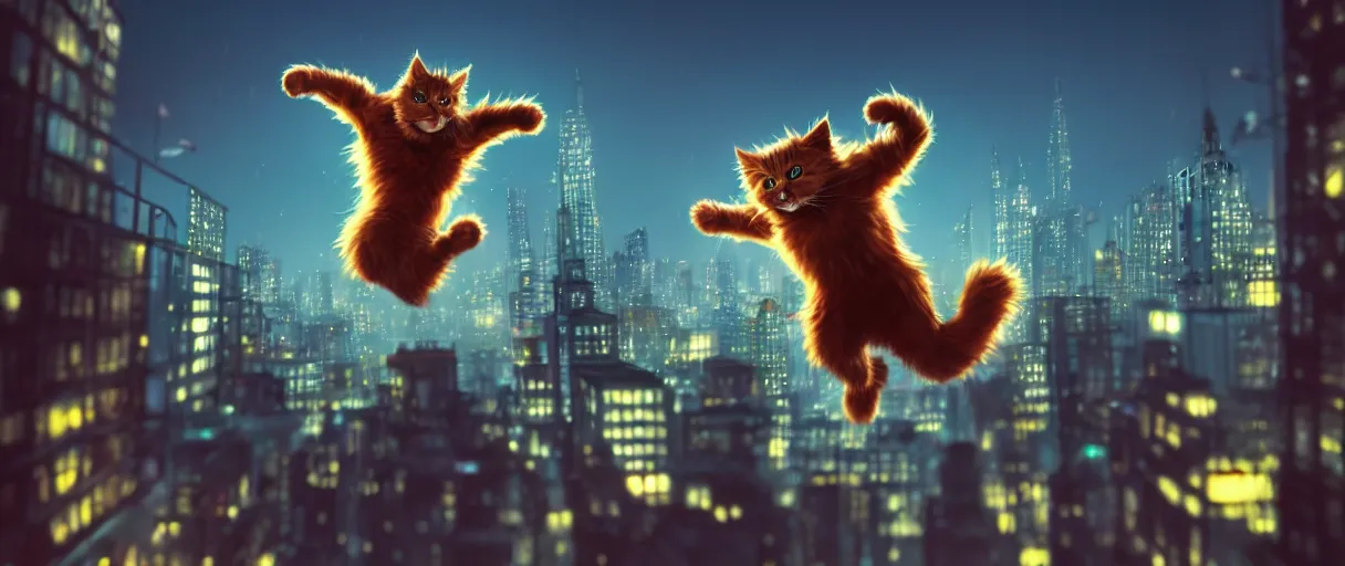 Image similar to hyper detailed concept art of choonky cute flooffy catman jumping, background the city at night sharp cinematic lighting 8k low angle shallow depth of field