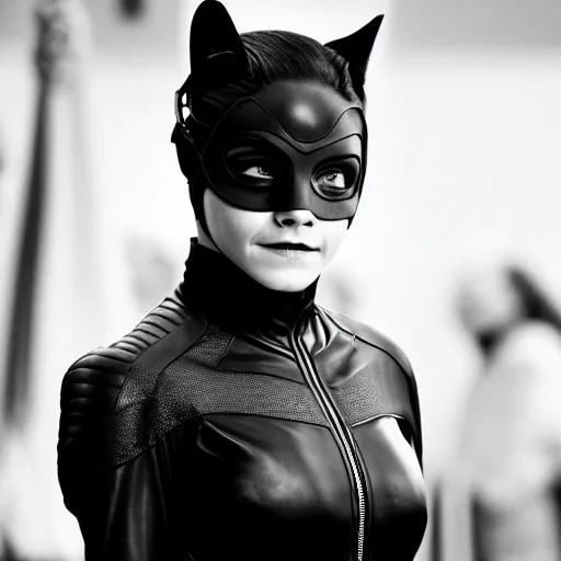 Image similar to Emma Watson as Catwoman, Fujifilm X-T3, 1/1250sec at f/2.8, ISO 160, 84mm, 8K, RAW, symmetrical balance, Dolby Vision