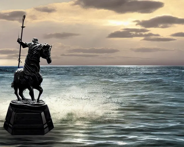 Image similar to a giant abstract sculpture of a great warrior on a horse on the ocean water, in the style of chad knight, award winning, cinematic, hyper - realistic, very detailed, realistic water splashes, ray tracing, 8 k resolution, long - shot, sharp focus, low angle, 8 5 mm photograph, wide lens