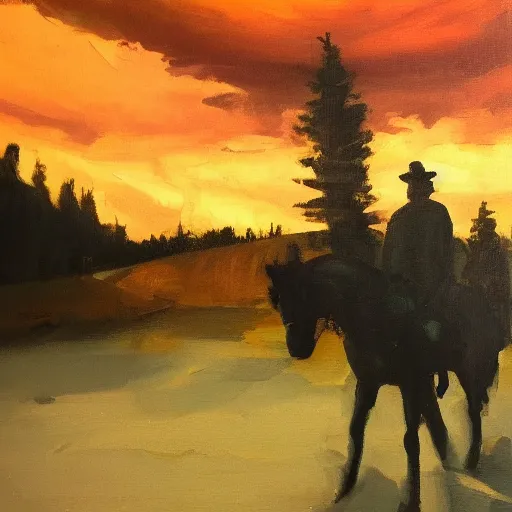 Prompt: two traveling men on an adventure, oil painting, dramatic lighting, at dusk