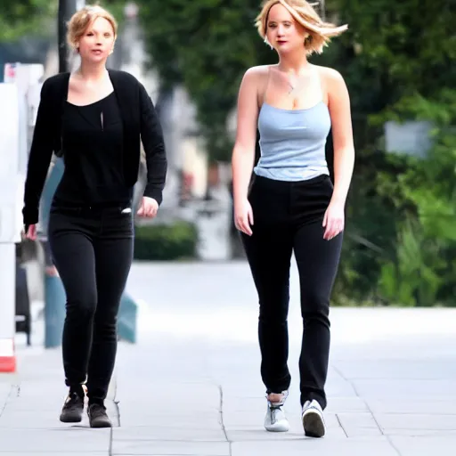 Image similar to Jennifer Lawrence and Jennifer Lawrence walking down the street together, soft focus, hyperdetailed, 8k