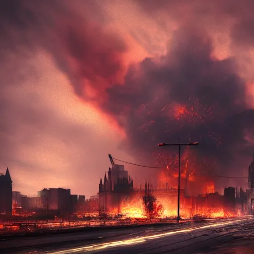 destroyed city on fire background