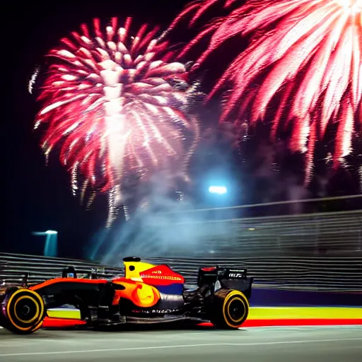 Prompt: close up portrait of max verstappen getting out of a mercedes f 1 car, dramatic shot, great photography, ambient light, night time, fireworks in the background