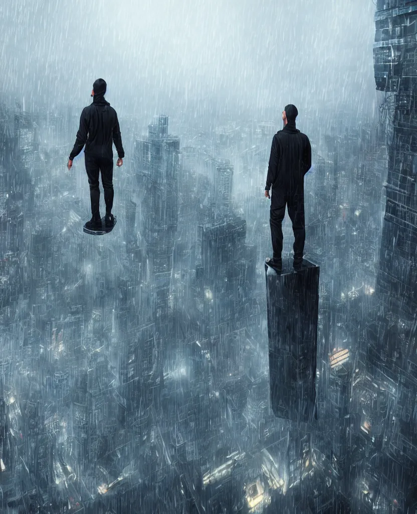 Image similar to mystic guy in techwear standing on roof of futuristic city, cyberpung, cinematic, rain