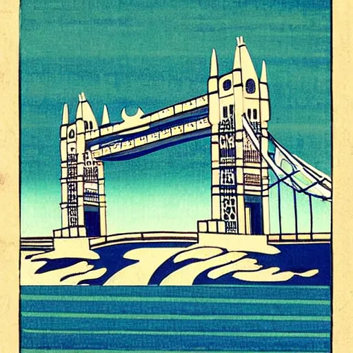 Prompt: “ tower bridge in london city in the style of a woodblock print by the japanese ukiyo - e artist hokusai ”