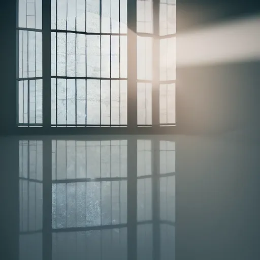 Prompt: sun shines through a window into an empty room, realistic reflection and caustic