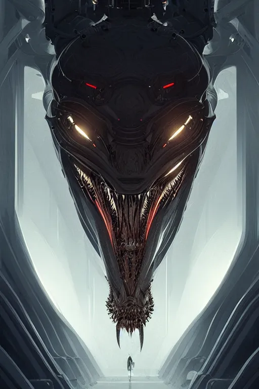 Prompt: professional concept art symmetrical portrait of a horrendous mechanical predatory species in a dark room by artgerm and greg rutkowski. an intricate, elegant, highly detailed digital painting, concept art, smooth, sharp focus, illustration, in the style of cam sykes.