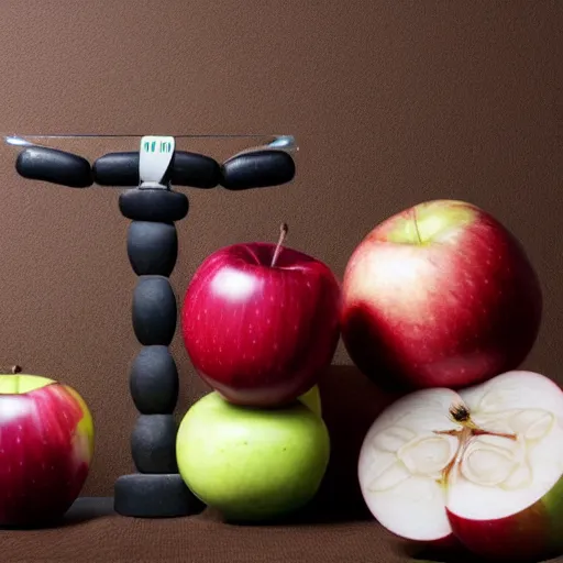 Prompt: set of balance scales with weights, one apple and one onion