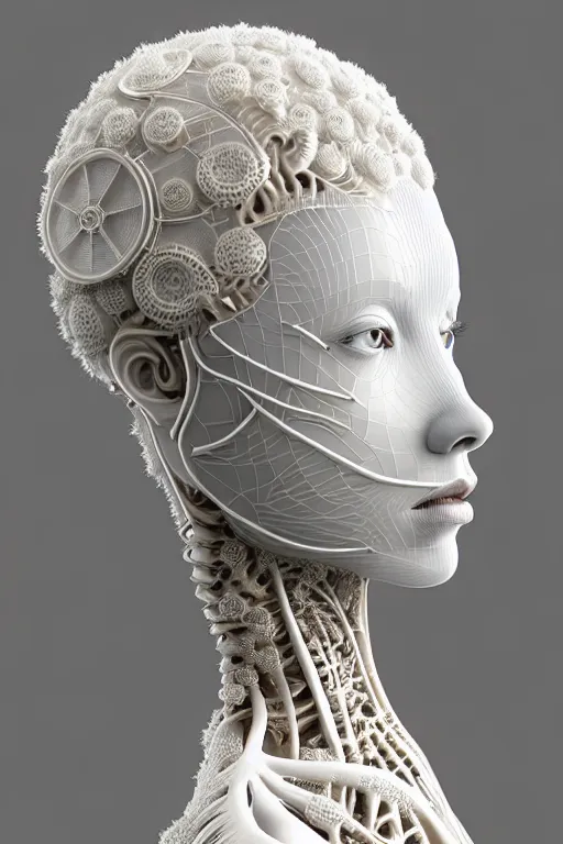 Prompt: bw 3 d render, stunning beautiful biomechanical albino female cyborg with a porcelain profile face, angelic, beautiful natural soft rim light, big leaves and stems, roots, fine foliage lace, alexander mcqueen, art nouveau fashion embroidered, steampunk, silver filigree details, hexagonal mesh wire, mandelbrot fractal, elegant, year 1 9 3 0