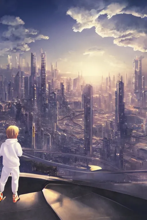 Image similar to young boy in white tracksuit overlooking a futuristic city, golden hour, dreamy, beautiful clouds, beautiful artwork by Makato Shinkai, futuristic