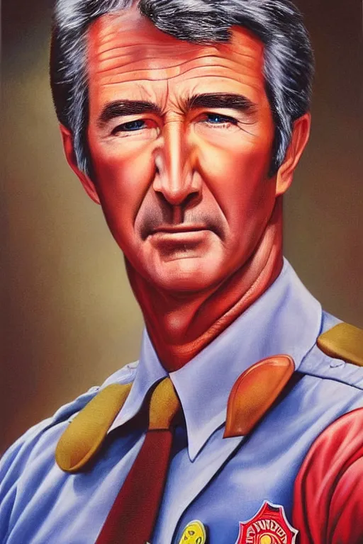 Prompt: hyper realistic painting of randy mantooth as a fire fighter by chuck close and richard corben, very handsome, hyperdetailed, vivid colours, sharp focus, dramatic lighting, exotropia eyes