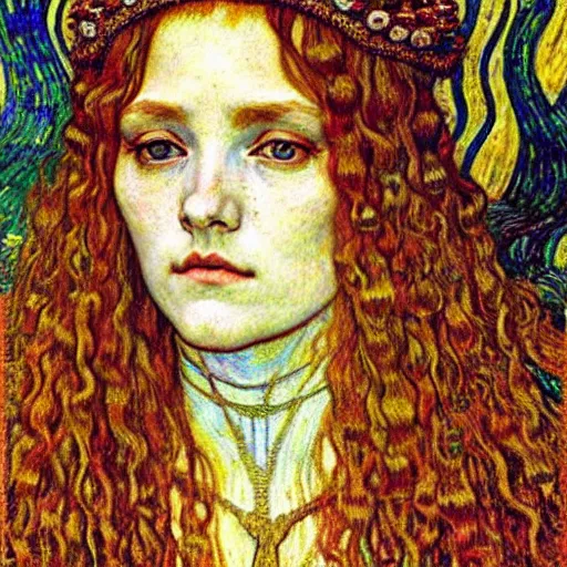 Prompt: detailed realistic beautiful young medieval queen face portrait by jean delville, gustav klimt and vincent van gogh, art nouveau, symbolist, visionary, gothic, pre - raphaelite, muted earthy colors, desaturated