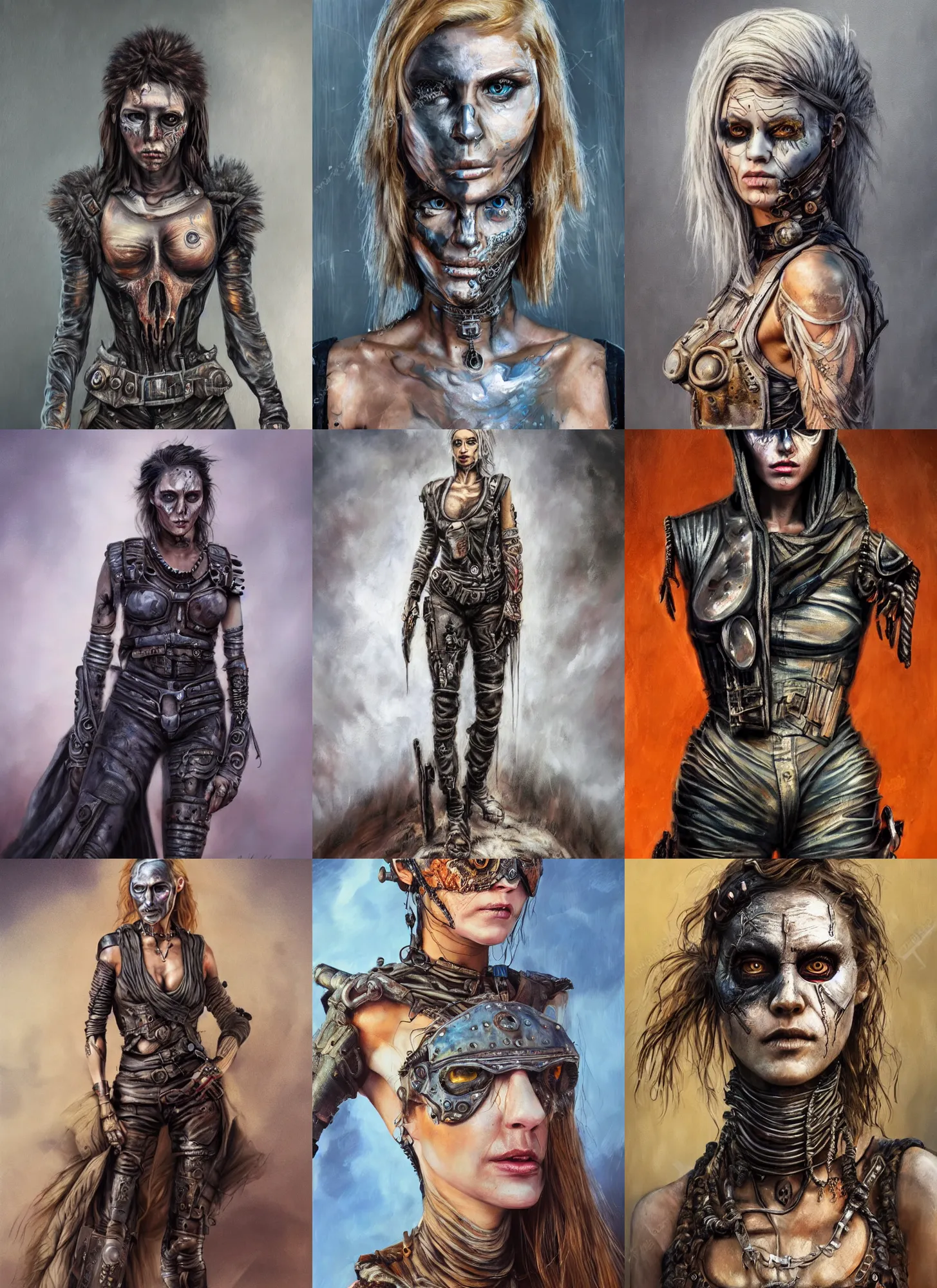 Prompt: detailed full body concept, oil painting of a mad max style female with beautiful face and eyes wearing intricate clothing, soft lighting and focus