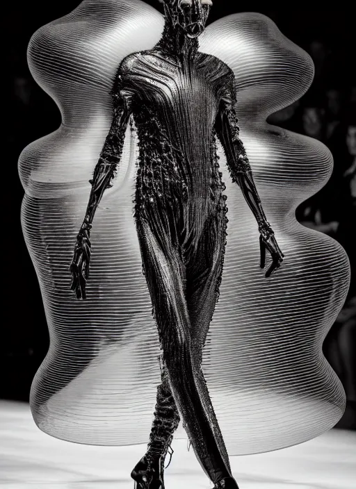 Image similar to walking down the catwalk, steven klein, mert alas and marcus piggott, show, stage, vogue photo, podium, fashion show photo, iris van herpen, beautiful woman, full body shot, helmet on face, masterpiece, inflateble shapes, plant predator, guyver, jellyfish, wires, veins, biomechanical details