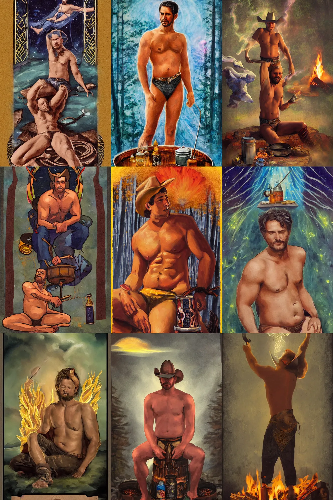 Prompt: ethereal dramatic tarot card painting of a shirtless handsome smirking cowboy with a chunky beefy build and belly | sitting | background is a serene campfire | tin cans and jugs of whisky | tarot card, art deco, art nouveau | by Mark Maggiori | trending on artstation