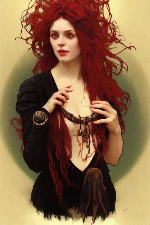 Prompt: female occultist, sweeping wild blonde hair, red eyes, portrait, high cheekbones, smug, evil, Victorian, black velvet dress, dark colors, ruby jewelry, fantasy painting, trending in Artstation, GSociety, by Alphonse Mucha, WLOP, Brom, William-Adolphe Bouguereau