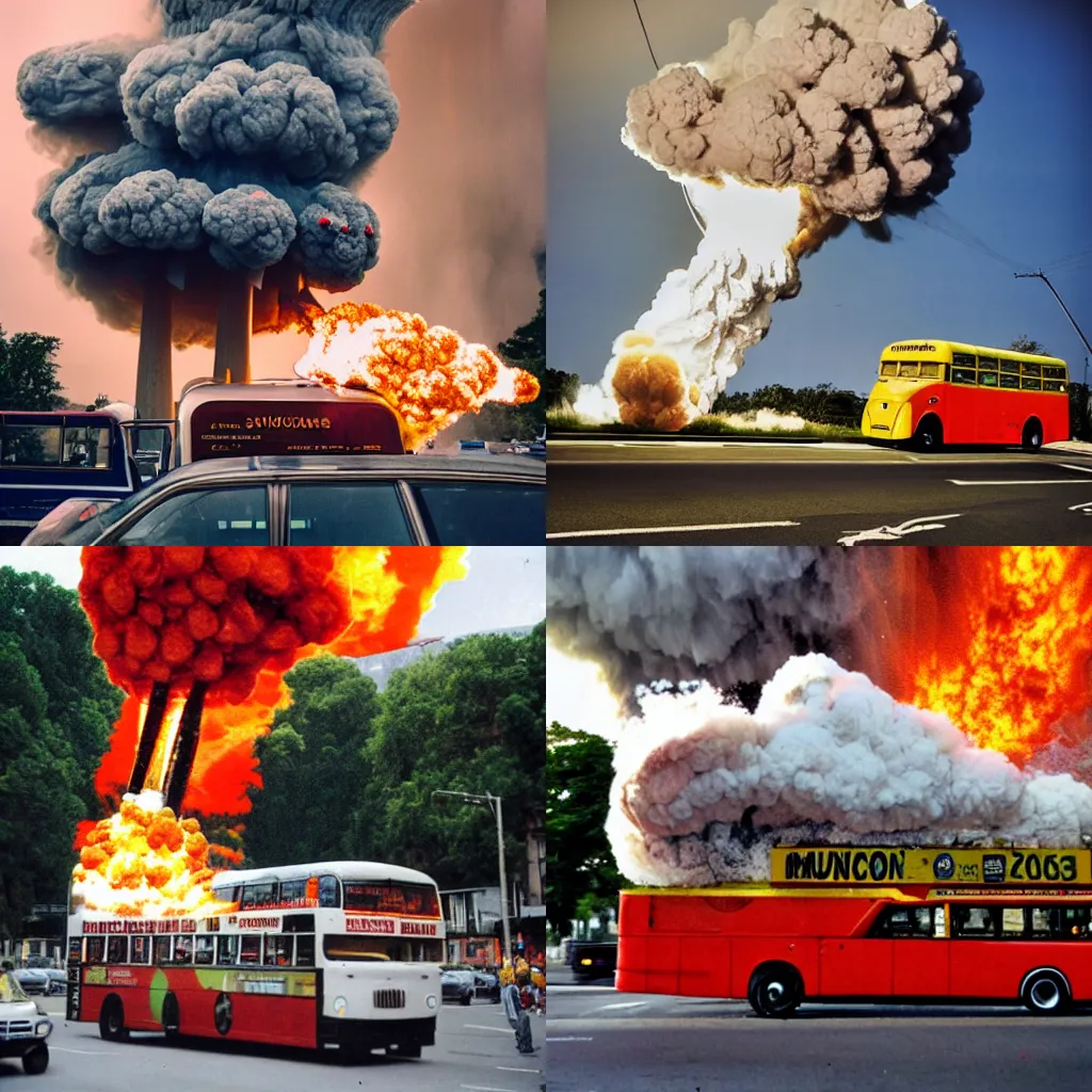 Prompt: double decker bus exploding mushroom cloud action photo