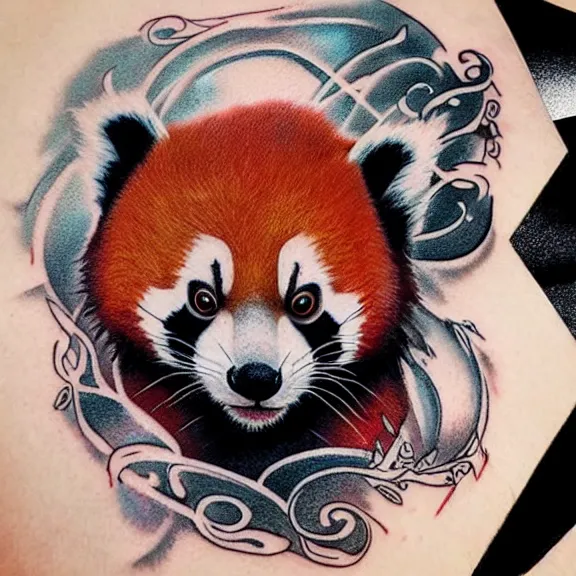 Image similar to “neotraditional tattoo of a red panda in xiaolin monk robes, digital art, tattoo art, highly detailed, hiperrealistic, photorealistic, 4k UHD, Zoltán Szente”