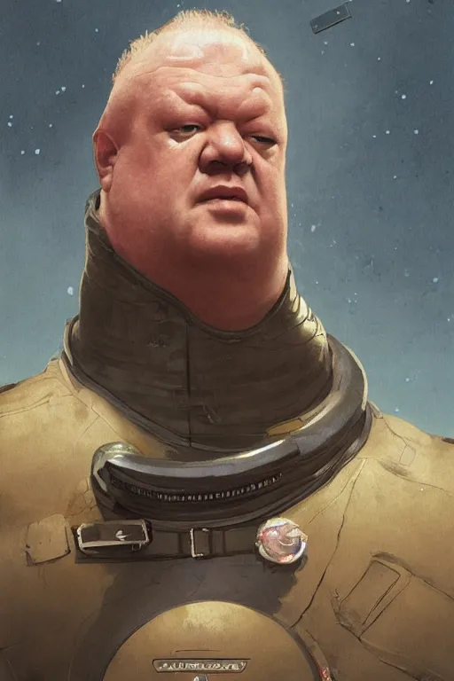 Image similar to upper body portrait of baron harkonnen wearing leather spacesuit, detailed, illustration by normal rockwell, artstation character art, greg rutkowski