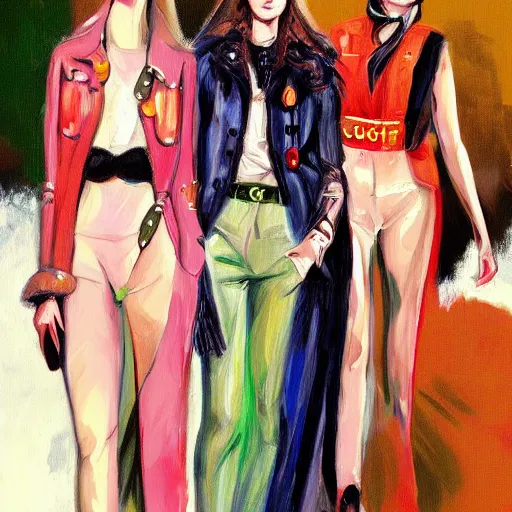 Prompt: 1970 covid fashion, gucci catwalk, oil painting, digital art, ultradetailed, artstation