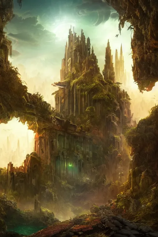 Image similar to beautiful matte painting avant - garde style, fantasy ruins skyline background painted, intricate, volumetric lighting, beautiful, rich deep colors masterpiece, sharp focus, ultra detailed by