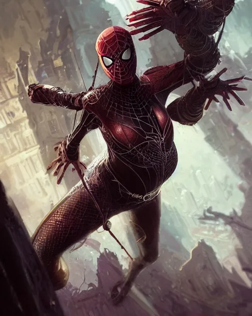 Image similar to a beautiful spiderwoman wearing a magical armor posing in a magical town, hyper realistic face, fantasy art, in the style of greg rutkowski, illustration, epic, fantasy, intricate, hyper detailed, artstation, concept art, smooth, sharp focus