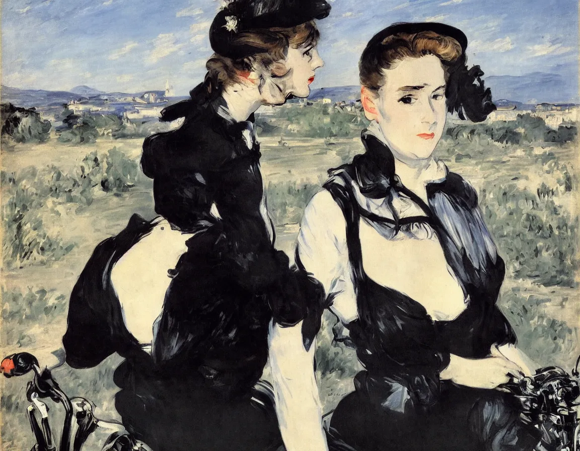 Prompt: edouard manet. a wide portrait of a marie from the side all dressed in black on a motorcycle on a highway looking over her shoulder towards us. blue sky. there is another motorcycle blurred in the background. precise thin brush strokes. expressive. emotional. modern.