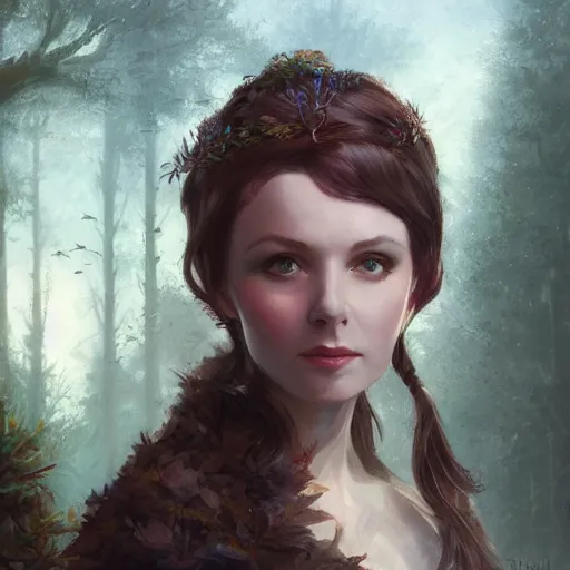 Image similar to closeup portrait of a young vivian leigh, forest background, elf ears, megacity, high fantasy, gorgeous view, depth, high detail, digital art, painted by greg rutkowski, trending on artstation