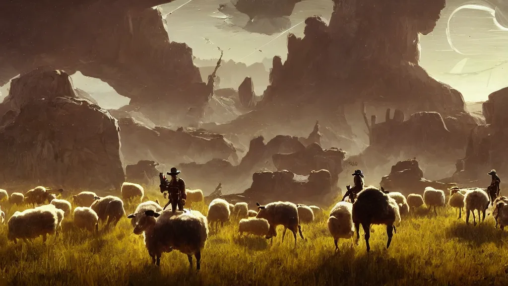 Image similar to Cyberpunk cowboys herding sheep in a No Man's Sky landscape in the style of Frederic Remington