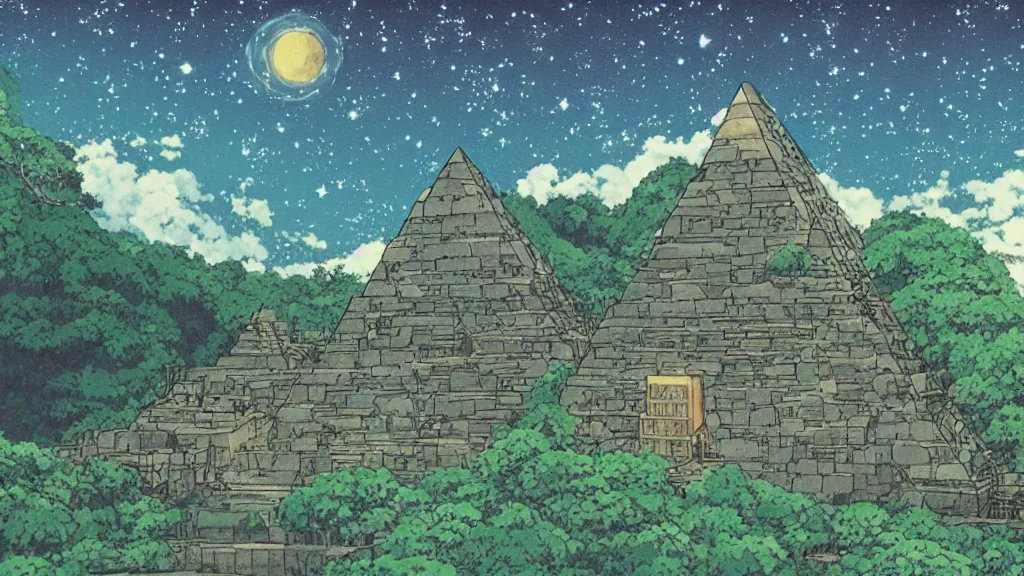 Image similar to a movie still from a studio ghibli film showing a pyramid as a mine runoff storage facility in the rainforest on a misty and starry night. by studio ghibli