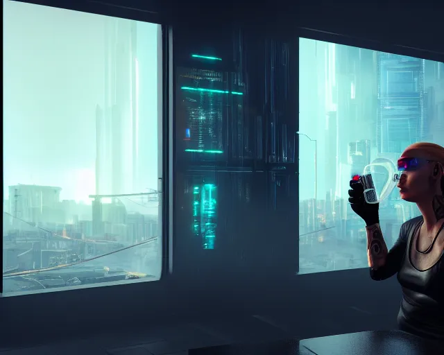 Image similar to a terminator cyborg lady with borg implants and optical fibers is drinking coffee near a window with dystopian city visible outside. very detailed 8 k. cyberpunk style. unreal engine render. global illumination. nanite. rtx. path tracing.