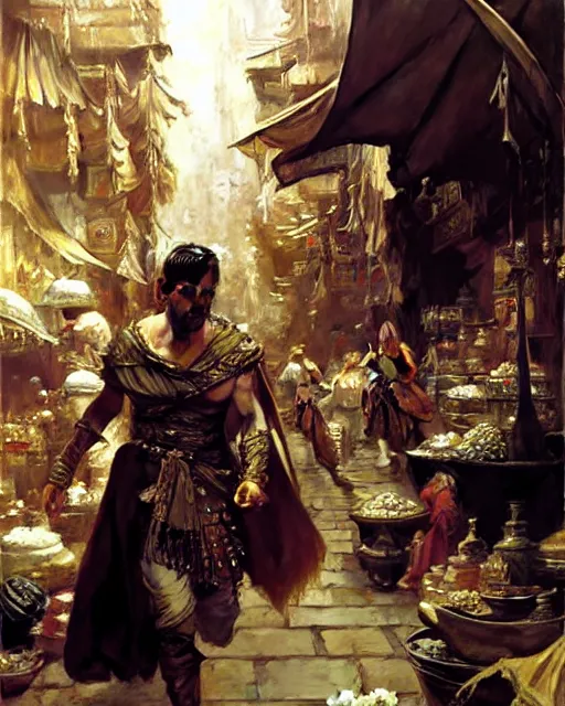 Image similar to fantasy concept art by anders zorn and craig mullins depicting colin farrell as an ancient egyptian rogue running through a busy oriental market