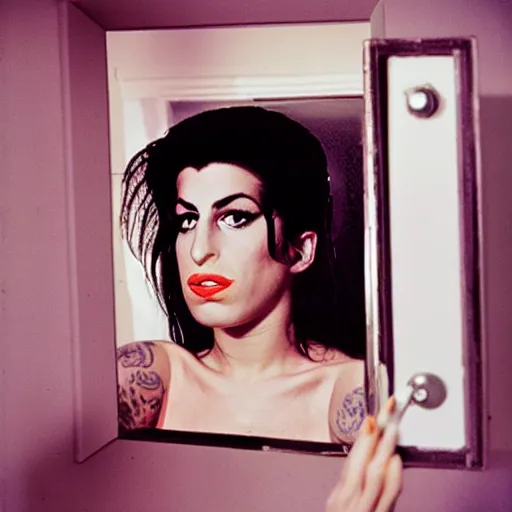 Prompt: film portrait of Amy Winehouse standing in a bedroom mirror holding a leica camera, gorgeous makeup, ektachrome,