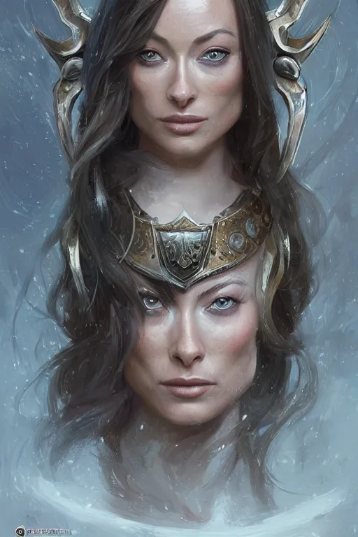 Image similar to a finely detailed portrait of Olivia Wilde, clothed in battle armor, olive skin, long dark hair, beautiful bone structure, symmetrical facial features, intricate, elegant, digital painting, trending on Artstation, concept art, smooth, sharp focus, illustration, from World of Warcraft, by Ruan Jia and Mandy Jurgens and Artgerm and william-adolphe bouguerea, award winning