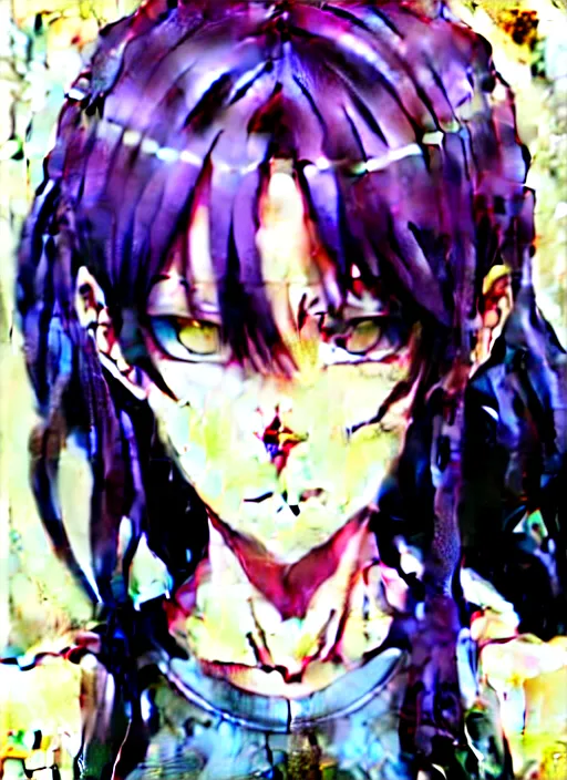 Image similar to style of madhouse studio anime, rei hiroe black lagoon manga, loish, artgerm, joshua middleton comic art, portrait of revy from black lagoon, purple hair, symmetrical eyes and symmetrical face, jean shorts, white tank top, sarcastic evil smirk on face, natural lighting, sky and ocean background