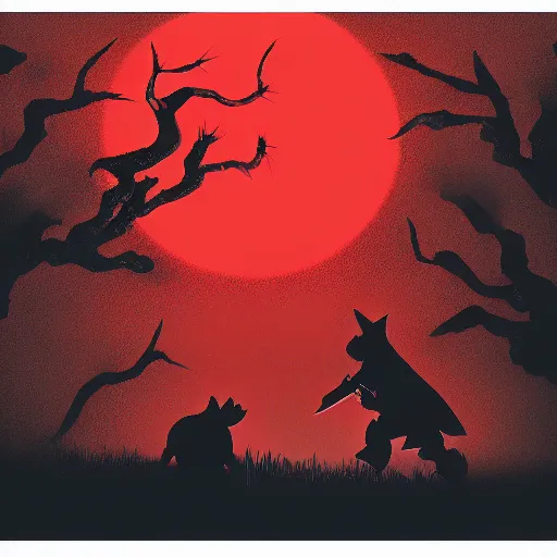 Image similar to a shadow man with a red glowy eyes fighting a big piglet the background is a japanese forest