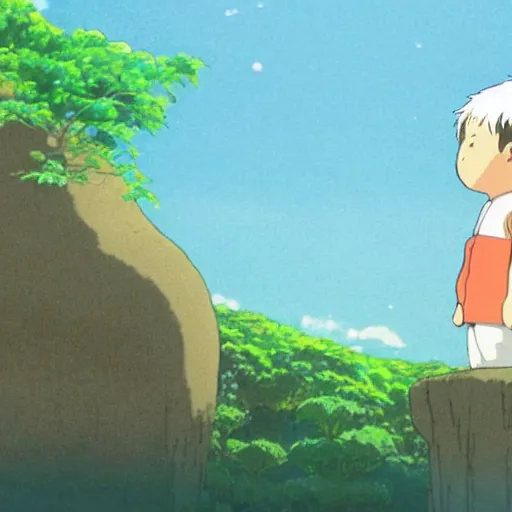 Image similar to Guy with slight smile and small friendly creature, made by Studio Ghibli detailed art, beautiful scene, , sharp focus, smooth,