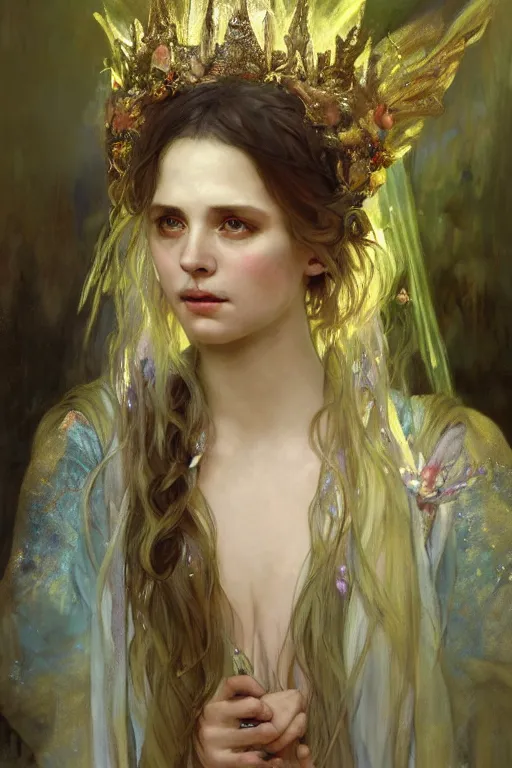 Image similar to hyperrealist portrait of a fairy girl emperorit is decorated with long robes that fall like stars and wears a huge crown. by jeremy mann and alphonse mucha, fantasy art, photo realistic, dynamic lighting, artstation, poster, volumetric lighting, very detailed faces, 4 k, award winning