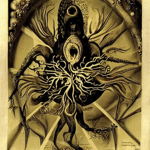 Image similar to whimsical freaky creature sings a unique canto about \'as above so below\' being ignited by the spirit of Haeckel and Robert Fludd, breakthrough is iminent, glory be to the magic within