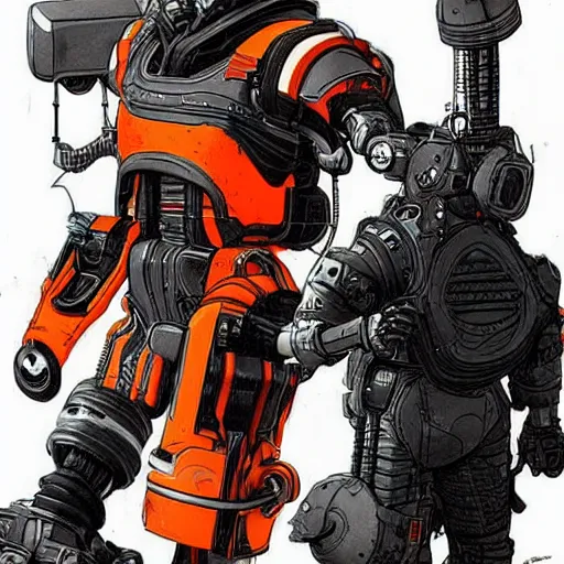 Image similar to cyberpunk mechanic dude with robotic calves. orange and black color scheme. concept art by james gurney and mœbius. apex legends character art