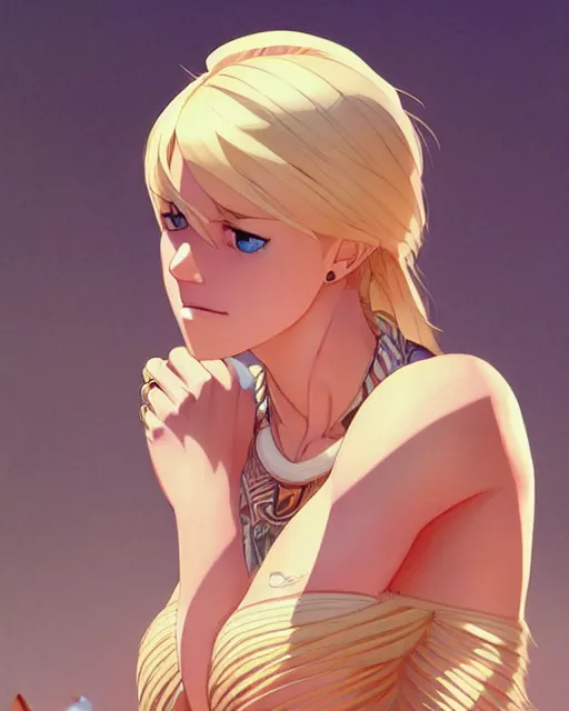 Image similar to blond woman in a tribal ripped dress, by artgerm, by studio muti, greg rutkowski makoto shinkai takashi takeuchi studio ghibli