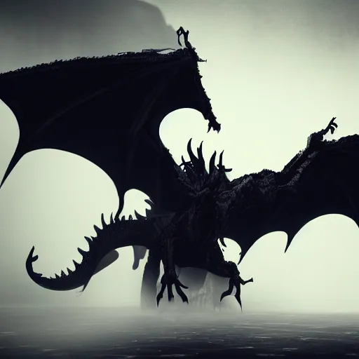 Image similar to a highly detailed horrific shot of a ghostly western dragon that's fading into black fog and deep dark obscure shadow, wings are clouds of darkness, creating an ominous presence, artstation, deviantart, dark lighting, unreal engine 5 render